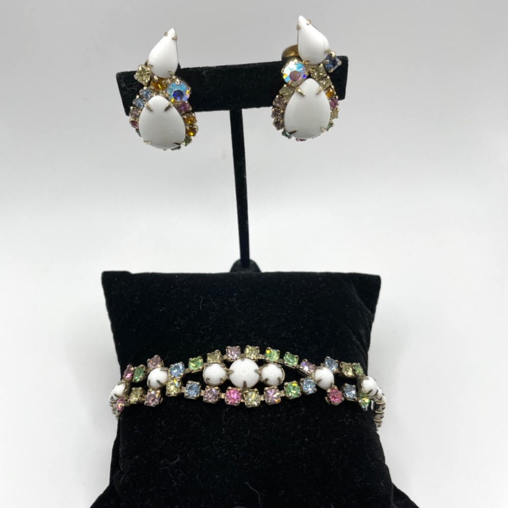 Vintage Milk Glass Pastel Rhinestone Bracelet Clip-on Earrings Set